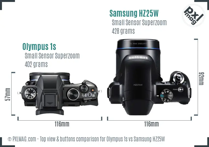 Olympus 1s vs Samsung HZ25W top view buttons comparison