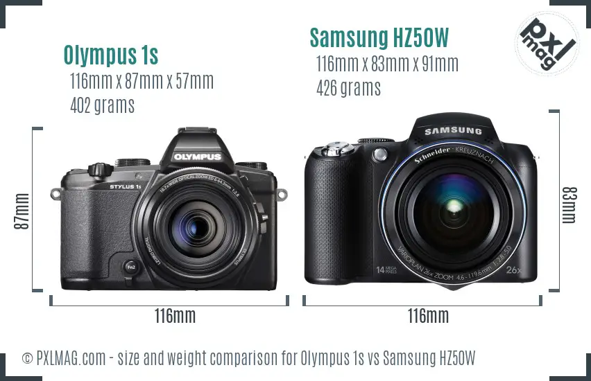 Olympus 1s vs Samsung HZ50W size comparison