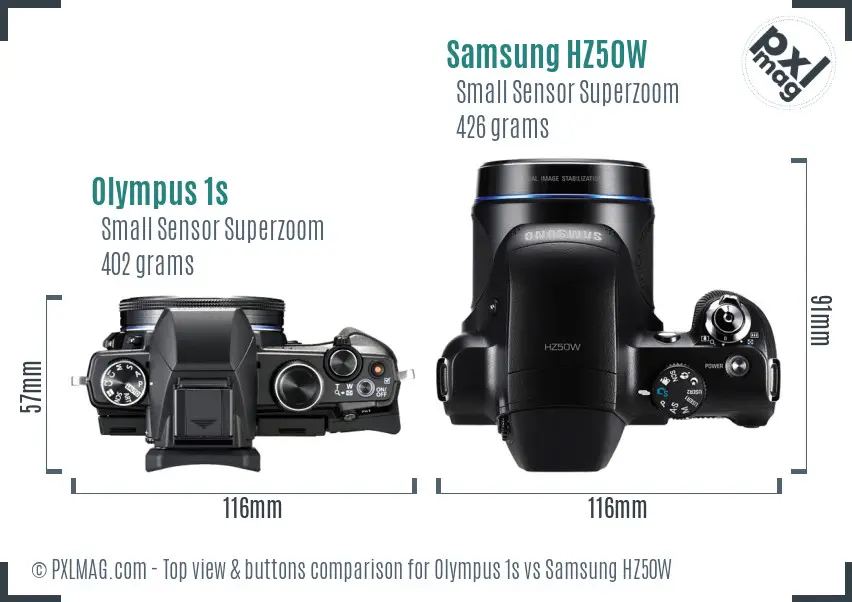 Olympus 1s vs Samsung HZ50W top view buttons comparison