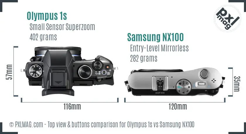 Olympus 1s vs Samsung NX100 top view buttons comparison Olympus 1s vs Samsung NX100 top view buttons comparison