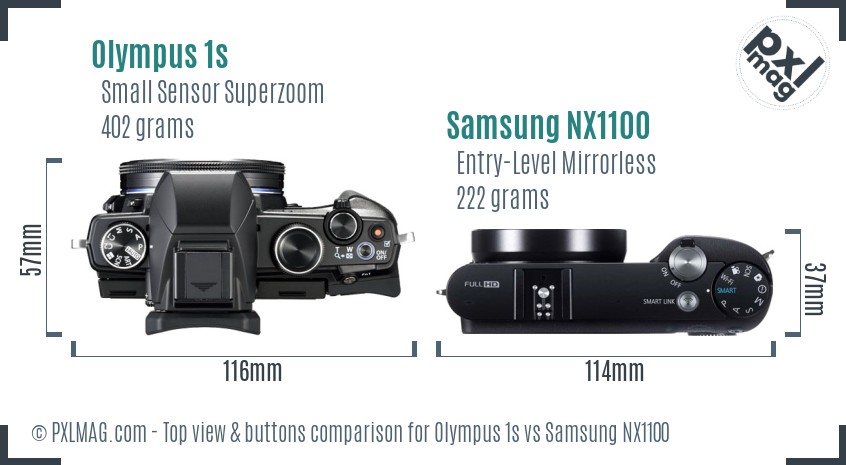 Olympus 1s vs Samsung NX1100 top view buttons comparison