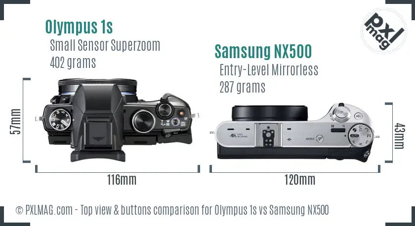 Olympus 1s vs Samsung NX500 top view buttons comparison