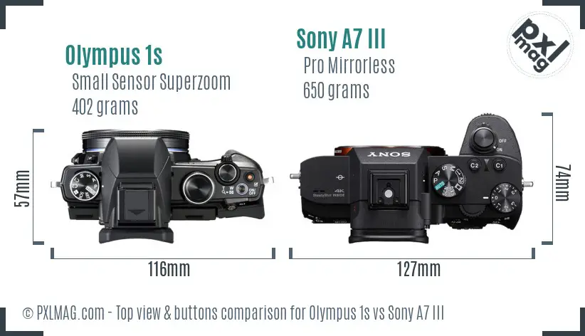 Olympus 1s vs Sony A7 III top view buttons comparison