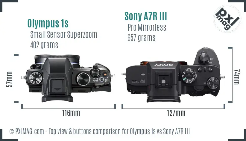 Olympus 1s vs Sony A7R III top view buttons comparison