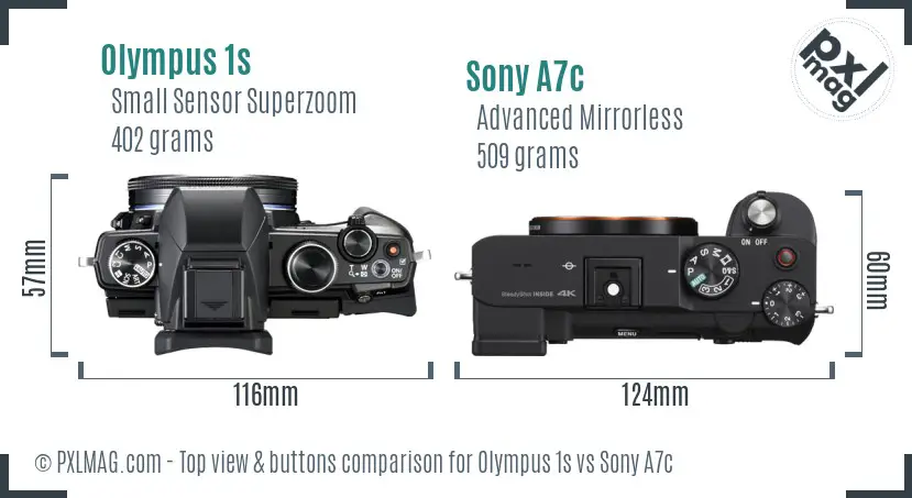 Olympus 1s vs Sony A7c top view buttons comparison