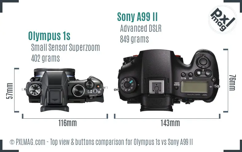 Olympus 1s vs Sony A99 II top view buttons comparison