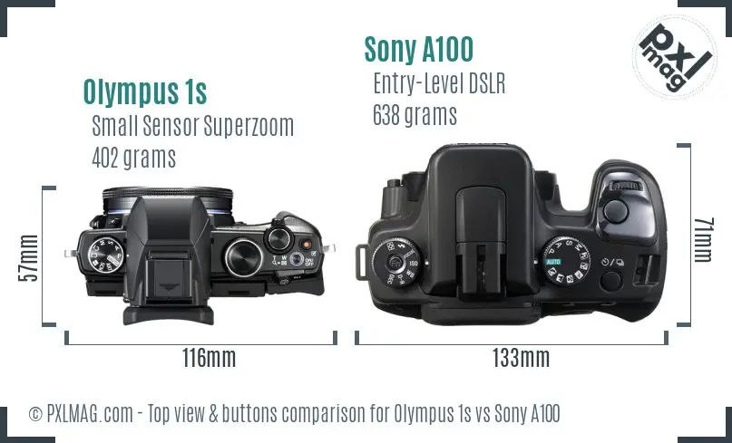 Olympus 1s vs Sony A100 top view buttons comparison