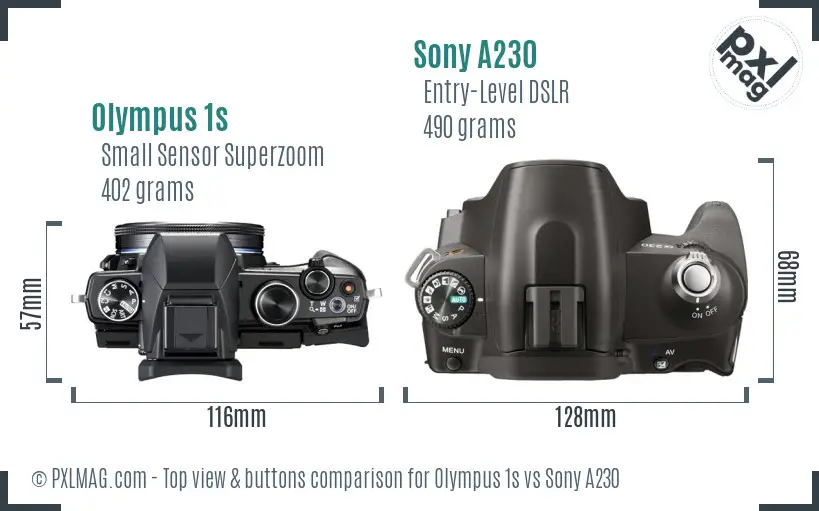 Olympus 1s vs Sony A230 top view buttons comparison