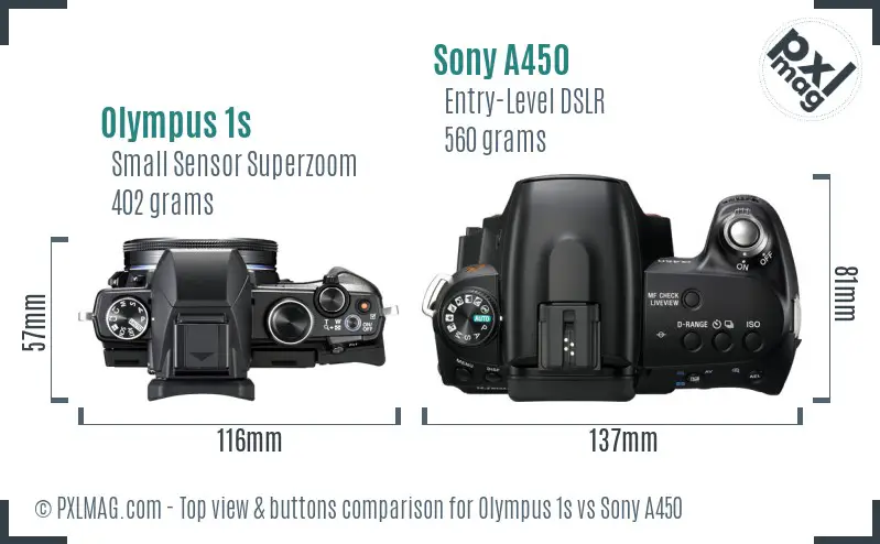 Olympus 1s vs Sony A450 top view buttons comparison