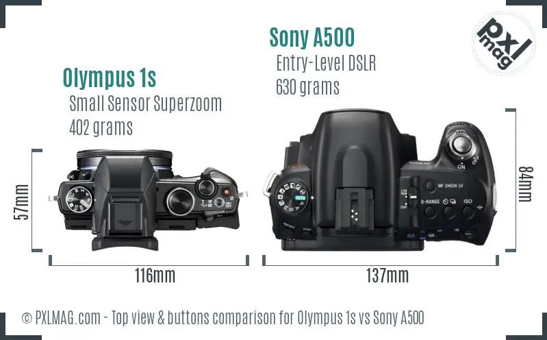 Olympus 1s vs Sony A500 top view buttons comparison