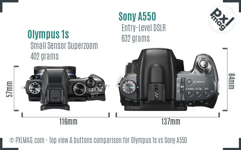 Olympus 1s vs Sony A550 top view buttons comparison