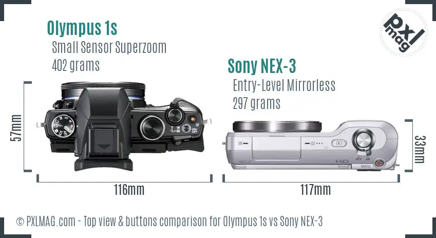 Olympus 1s vs Sony NEX-3 top view buttons comparison