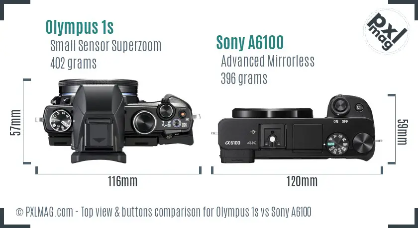 Olympus 1s vs Sony A6100 top view buttons comparison Olympus 1s vs Sony A6100 top view buttons comparison