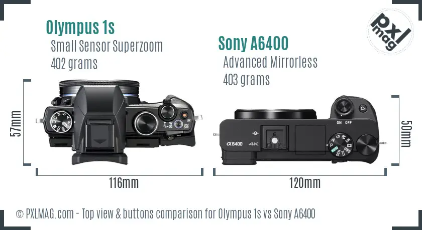 Olympus 1s vs Sony A6400 top view buttons comparison