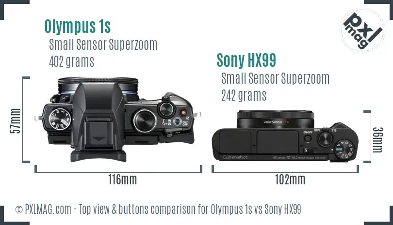 Olympus 1s vs Sony HX99 top view buttons comparison