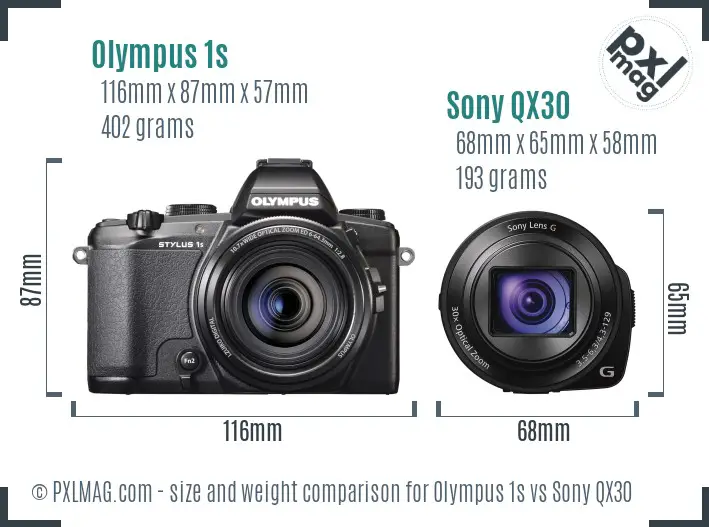 Olympus 1s vs Sony QX30 size comparison