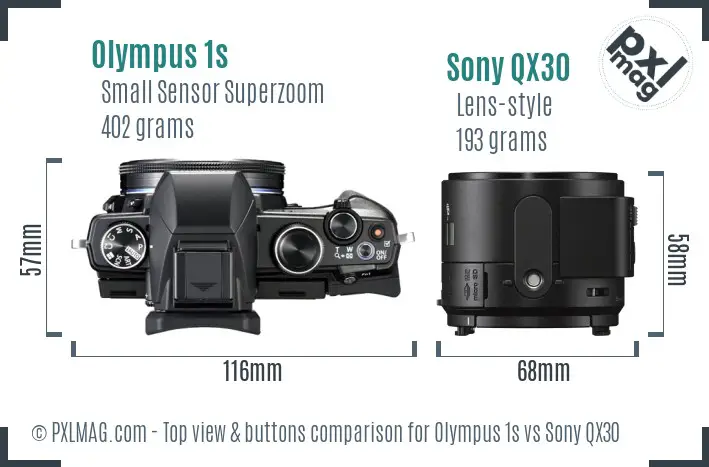 Olympus 1s vs Sony QX30 top view buttons comparison