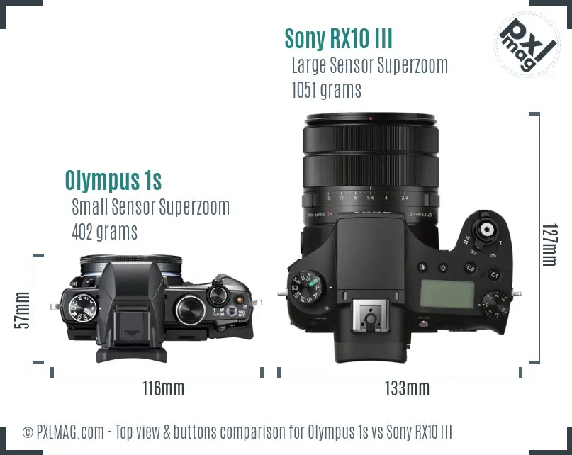 Olympus 1s vs Sony RX10 III top view buttons comparison