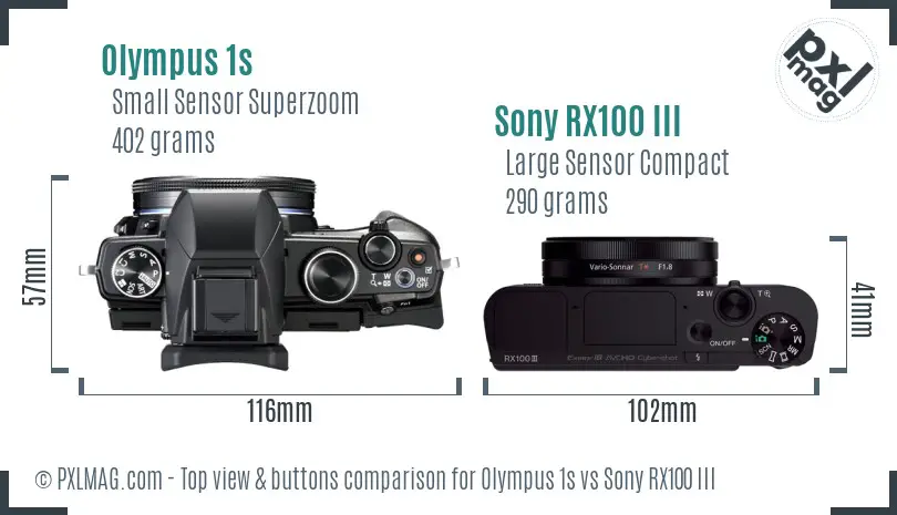 Olympus 1s vs Sony RX100 III top view buttons comparison