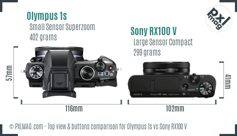 Olympus 1s vs Sony RX100 V top view buttons comparison