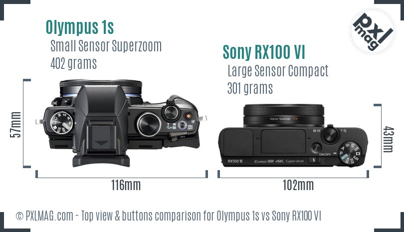 Olympus 1s vs Sony RX100 VI top view buttons comparison