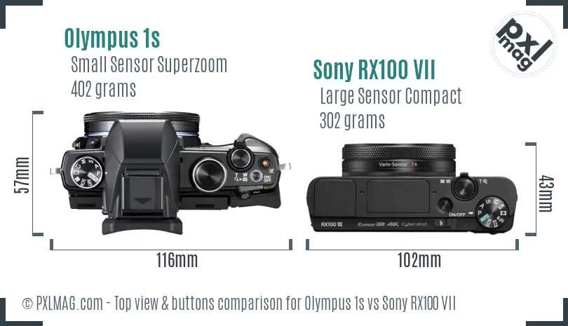 Olympus 1s vs Sony RX100 VII top view buttons comparison Olympus 1s vs Sony RX100 VII top view buttons comparison