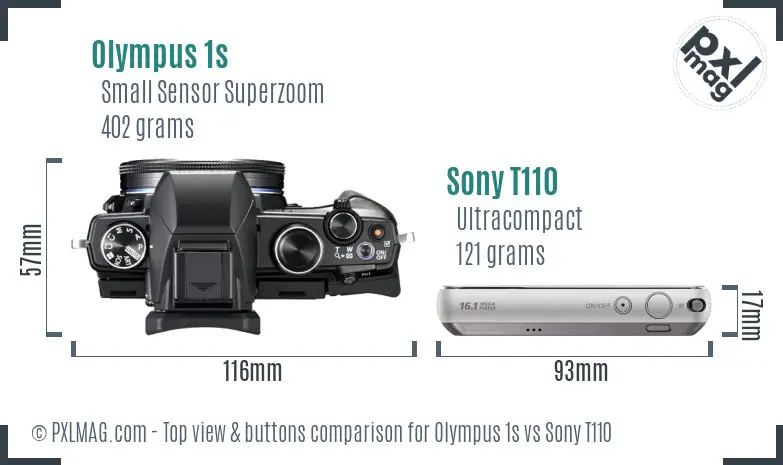 Olympus 1s vs Sony T110 top view buttons comparison