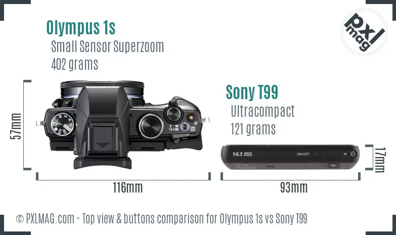 Olympus 1s vs Sony T99 top view buttons comparison