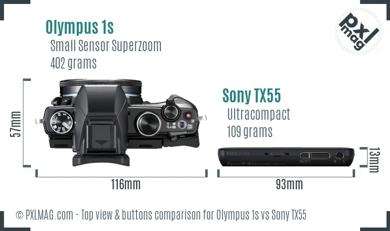 Olympus 1s vs Sony TX55 top view buttons comparison Olympus 1s vs Sony TX55 top view buttons comparison