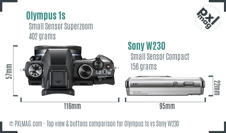 Olympus 1s vs Sony W230 top view buttons comparison Olympus 1s vs Sony W230 top view buttons comparison