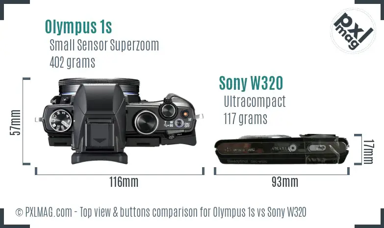 Olympus 1s vs Sony W320 top view buttons comparison