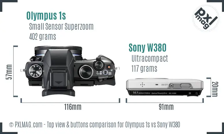 Olympus 1s vs Sony W380 top view buttons comparison Olympus 1s vs Sony W380 top view buttons comparison