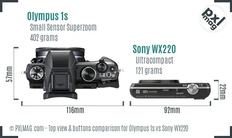 Olympus 1s vs Sony WX220 top view buttons comparison