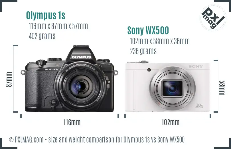 Olympus 1s vs Sony WX500 size comparison