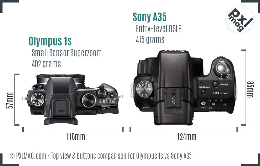 Olympus 1s vs Sony A35 top view buttons comparison Olympus 1s vs Sony A35 top view buttons comparison