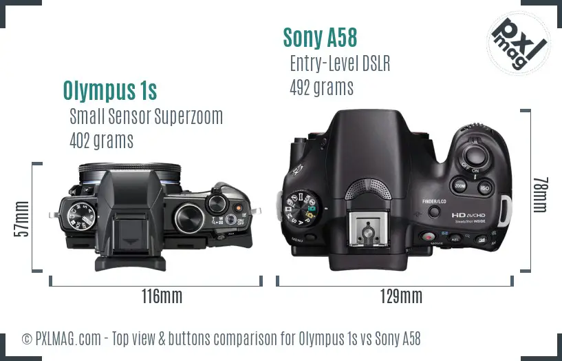 Olympus 1s vs Sony A58 top view buttons comparison