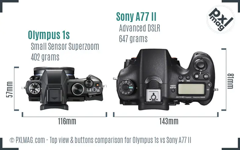 Olympus 1s vs Sony A77 II top view buttons comparison