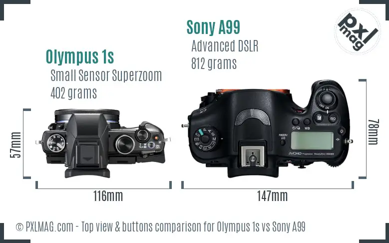 Olympus 1s vs Sony A99 top view buttons comparison