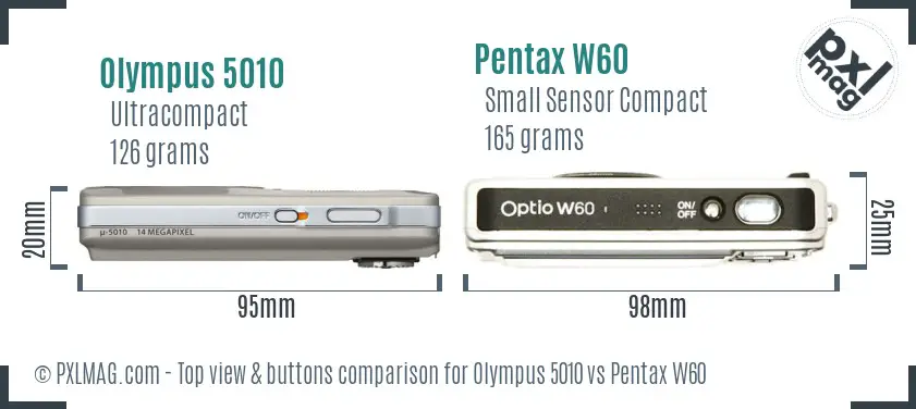 Olympus 5010 vs Pentax W60 top view buttons comparison