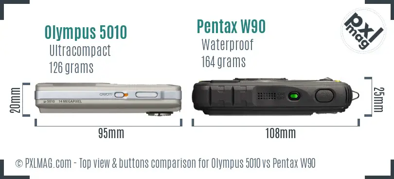 Olympus 5010 vs Pentax W90 top view buttons comparison