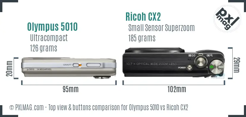 Olympus 5010 vs Ricoh CX2 top view buttons comparison