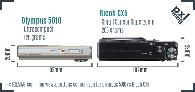 Olympus 5010 vs Ricoh CX5 top view buttons comparison
