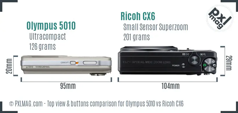 Olympus 5010 vs Ricoh CX6 top view buttons comparison Olympus 5010 vs Ricoh CX6 top view buttons comparison