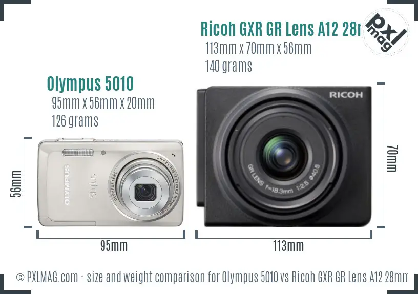 Olympus 5010 and Ricoh GXR GR Lens A12 side-by-side showing size difference