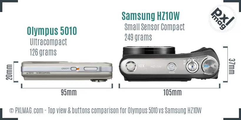 Olympus 5010 vs Samsung HZ10W top view buttons comparison Olympus 5010 vs Samsung HZ10W top view buttons comparison