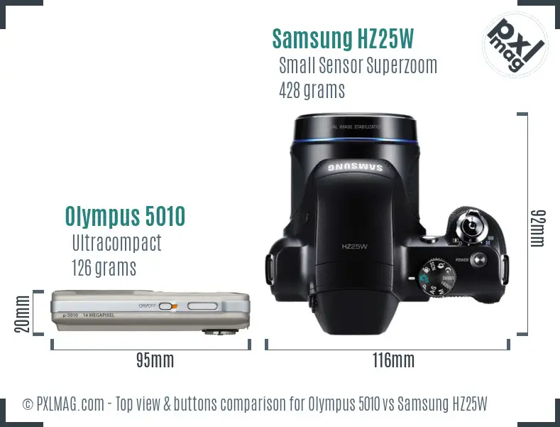 Olympus 5010 vs Samsung HZ25W top view buttons comparison Olympus 5010 vs Samsung HZ25W top view buttons comparison