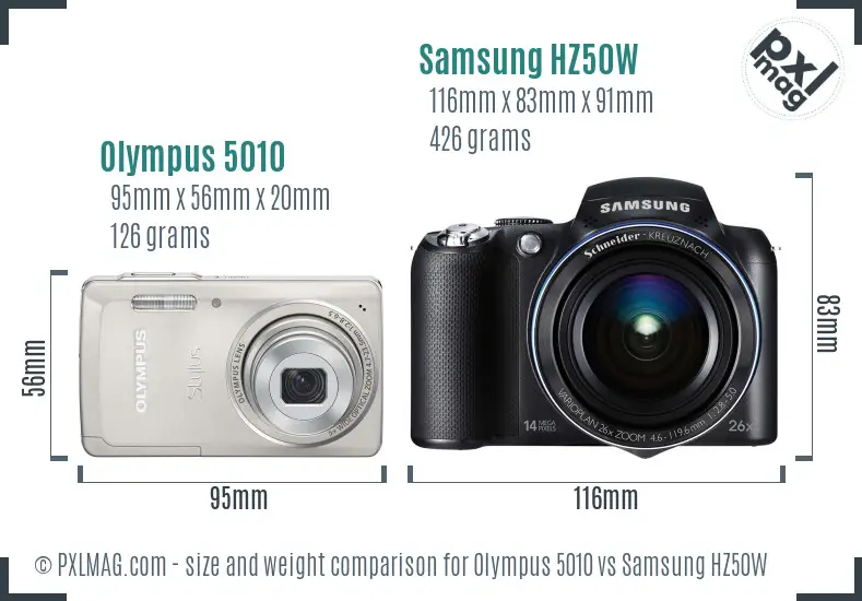 Olympus 5010 vs Samsung HZ50W size comparison