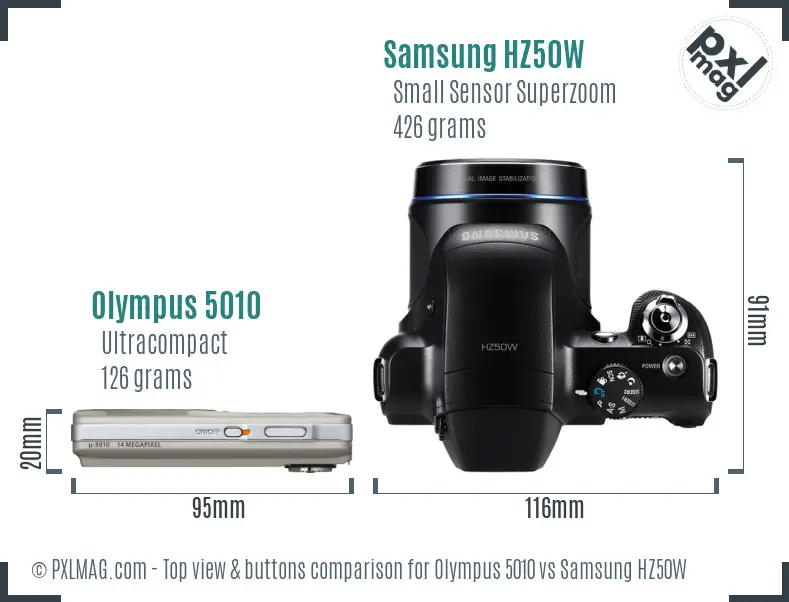 Olympus 5010 vs Samsung HZ50W top view buttons comparison