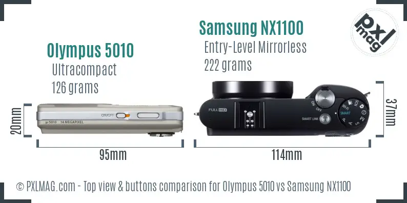 Olympus 5010 vs Samsung NX1100 top view buttons comparison Olympus 5010 vs Samsung NX1100 top view buttons comparison