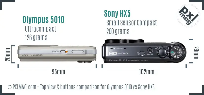 Olympus 5010 vs Sony HX5 top view buttons comparison
